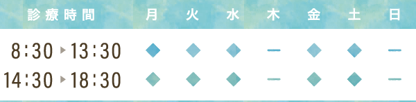 診療時間：午前8時30分から13時30分、午後14時30分から18時30分