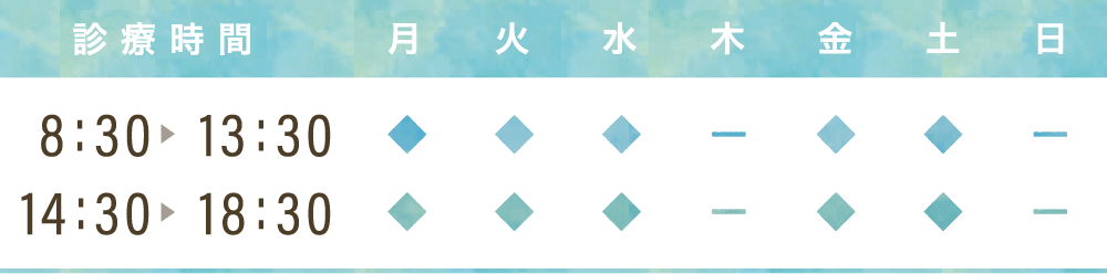 診療時間：午前8時30分から13時30分、午後14時30分から18時30分